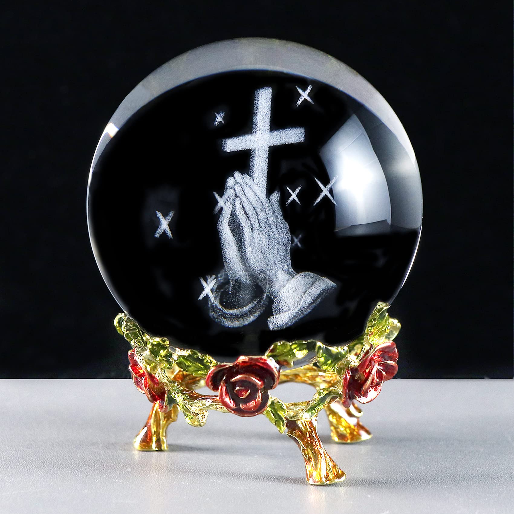 2.36" K9 Crystal Ball 3D Laser Engrave Praying Cross with Red Metal Rose Base, Religious Gifts for Women Man, Christian Gifts for Friend, Glass Paperweight Home Ornament