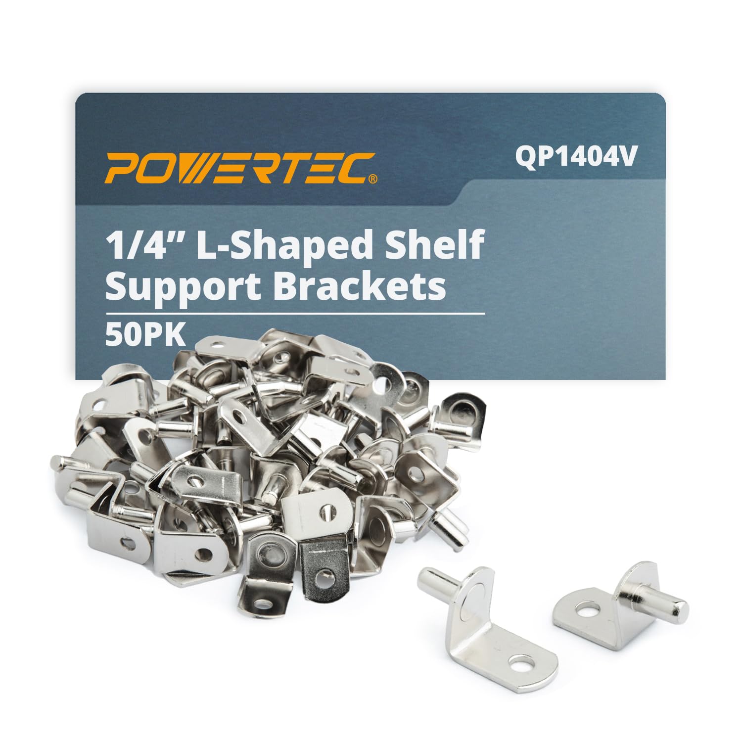 Photo 1 of POWERTEC QP1404V 1/4 Inch L-Shaped Shelf Brackets 50pk - Nickel Plated - Supports Shelves in Kitchen, Bookshelf, & Closet