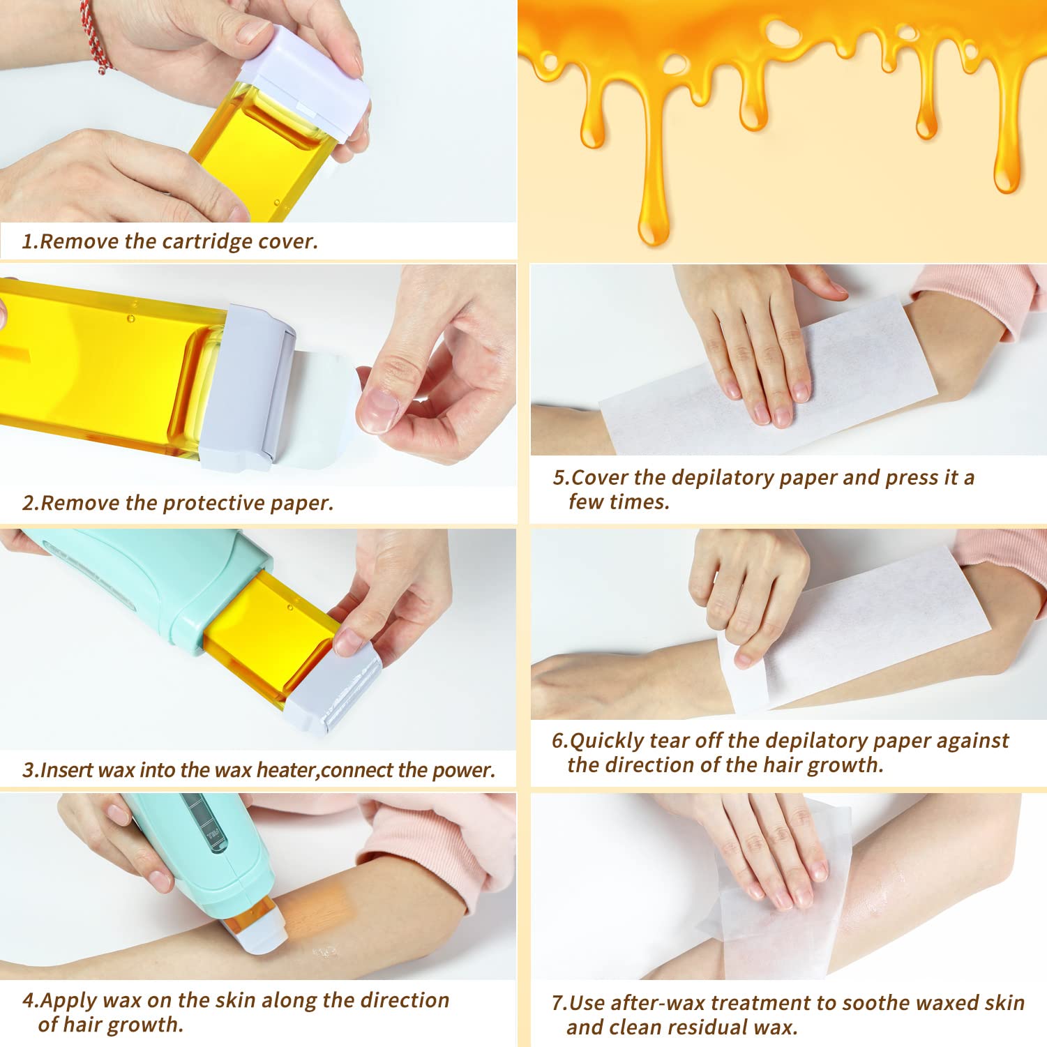 Honey Roll on Waxing Kit Hair Removal Warmer With 2 Cartridges - Depilatory Roller Refill for Legs, Arms and Underarm