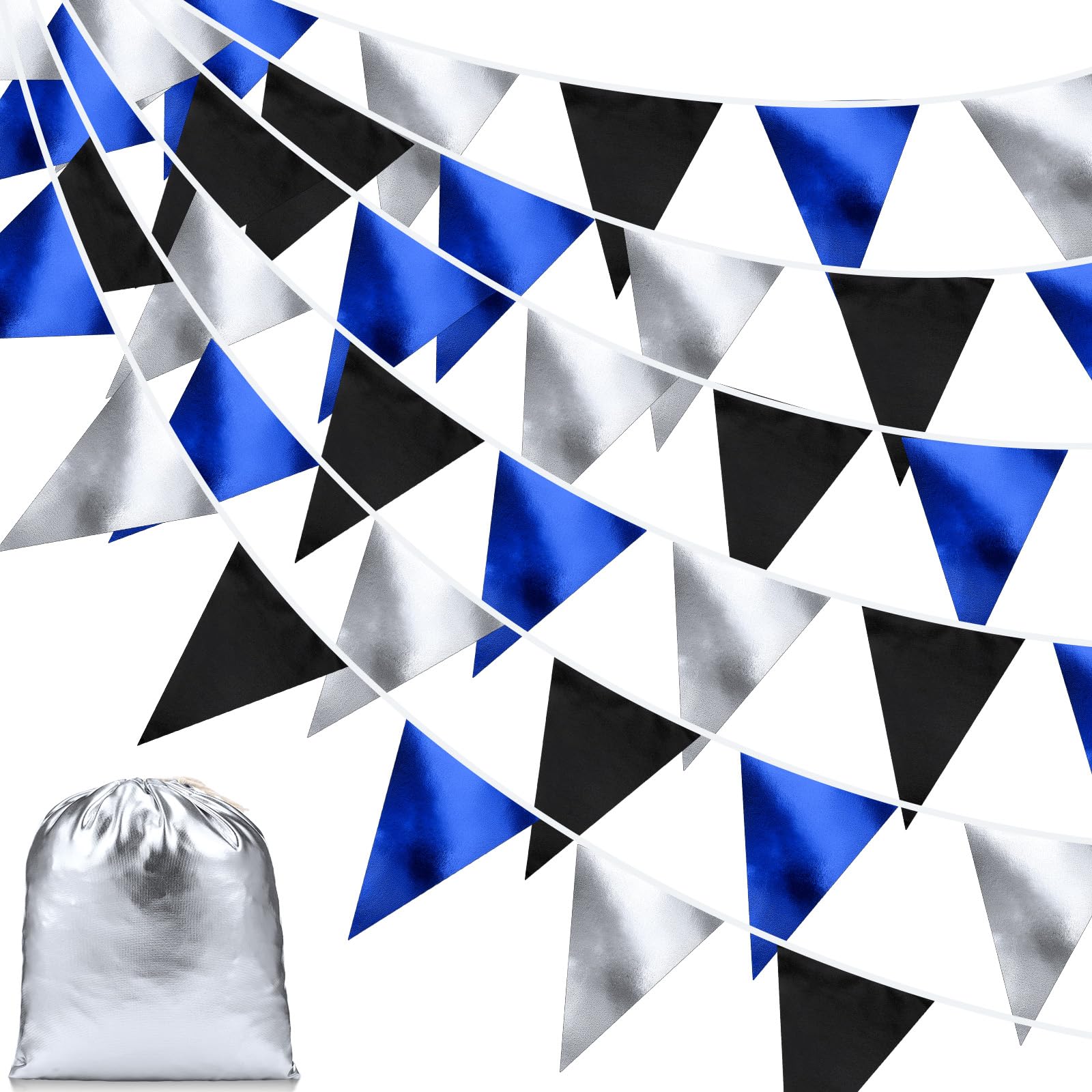 Photo 1 of Tatuo 40 Feet Black Blue and Silver Party Decorations Triangle Pennant Banner Flag Bunting Garland for Halloween Christmas Birthday Wedding Graduation Bachelorette Anniversary Casino Party Supplies