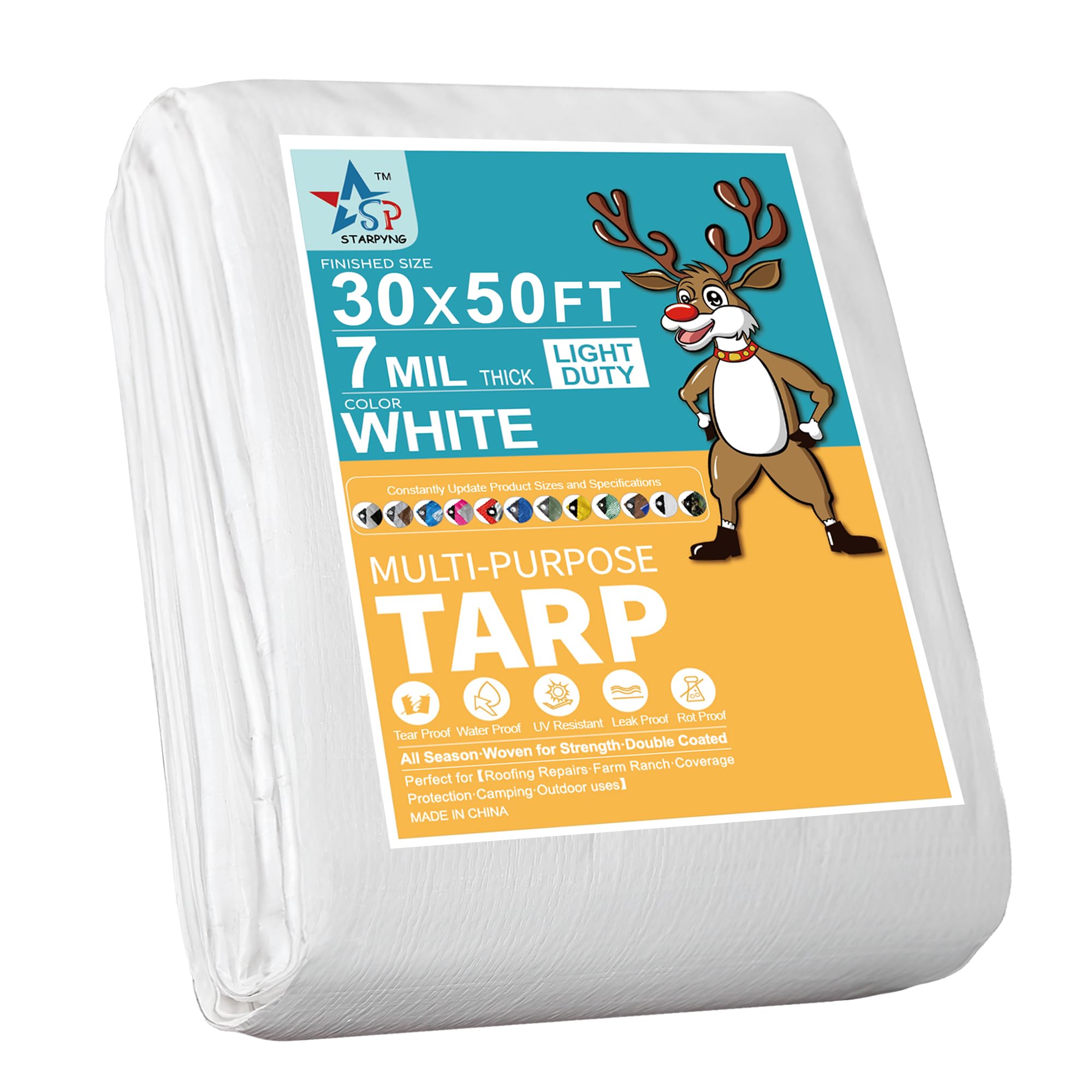 STARPYNG-7 Mil White 30x50 Feet Tarp-Multifunctional White Waterproof Tarpaulin-Waterproof, UV Resistant, Rip and Tear Resistant, Poly Tarpaulin with Reinforced Edges for Cover Image