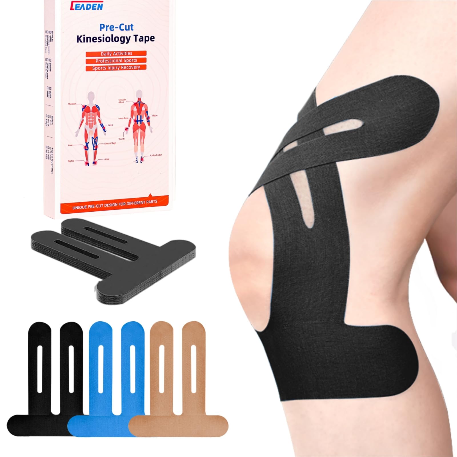 Photo 1 of IEADEN Precut Kinesiology Tape for Knees, 20 Pcs - Knee Support & Stability, Knee Pain Relief Athletic Tape - Waterproof & Elastic, Breathable Hypoallergenic Latex-Free Tape, Black