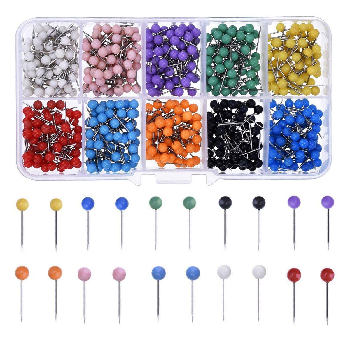 500Pcs Map Push Pins Thumb Tacks Steel Map Pins Coloured Round Head Pins Small Size Pushpins Drawing Pins Thumbtacks in 10 Assorted Color Office School Supplies for Map Cork Notice Board Marking
