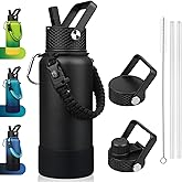 BJPKPK 32oz Insulated Water Bottles with 3 Lids, Paracord Handle & Non-slip Boot, Stainless Steel Metal Water Bottle,Reusable BPA Free Thermal Flasks, Tumblers, Black