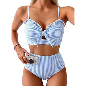 Herseas Women's High Waisted Bikini Sets Knotted Front Ruffle Trim Swimsuit | Tummy control bathing suit,cut out swimwear,pus