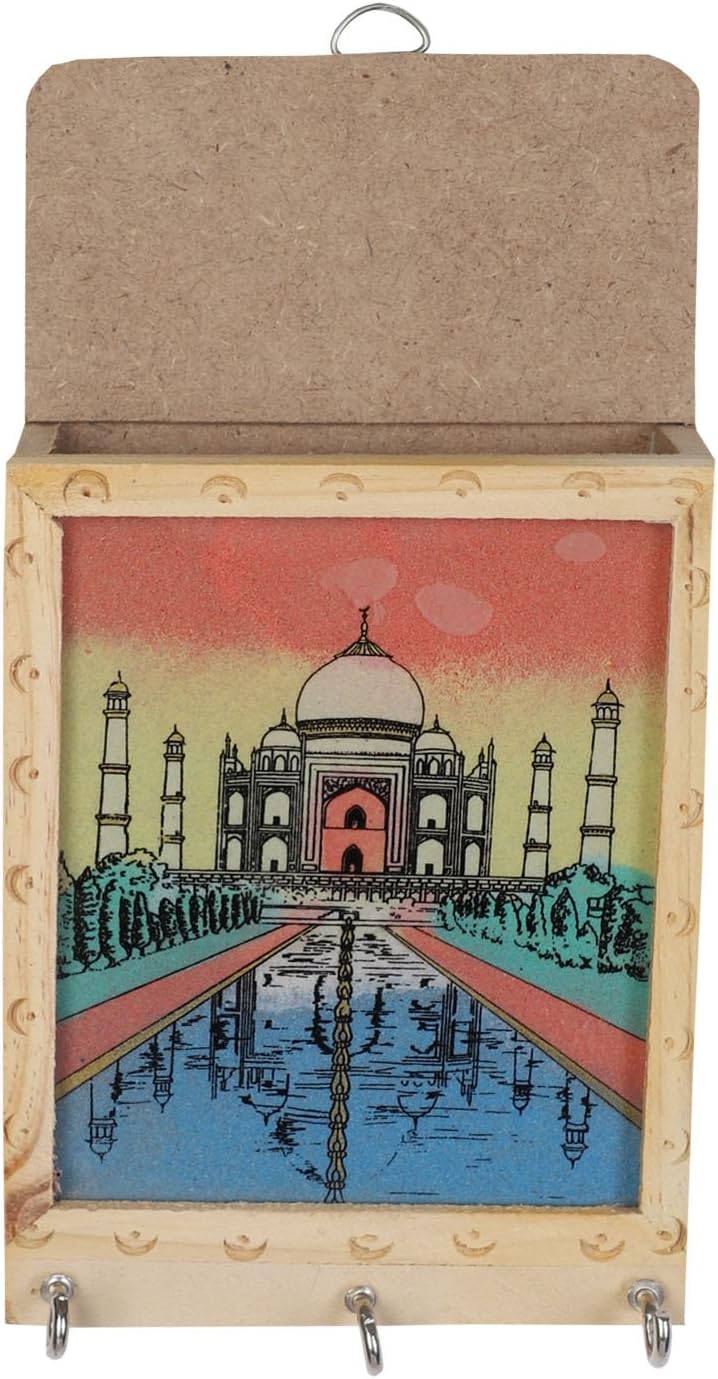 Wall Mounted Painting Wooden Key Chain Hanger/Holder/Hanging Board/Box/Wall Decor (Tajmahal with letterhead 3 pin)
