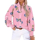 Tankaneo Womens Floral Ruffle Blouses Dressy Casual Long Puff Sleeve Boho Tops V Neck Button Down Shirts
