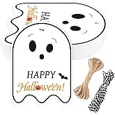 G2PLUS Happy Halloween Tags - 50 Pcs Ghost Paper Gift Tags with String for Trick or Treat Bags, Spooky Halloween Party Favors Tag for Candy Bags, DIY Crafts, Gift Wrapping(2.5x3.5 in)