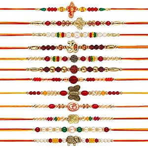 SAJTOX Traditional Rakhi Set for Brother, Handmade, Ganesha, Om & Rudraksha Design, Multicolor, Adjustable, Pack of 12
