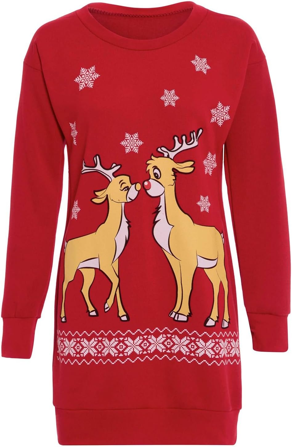 Oops Outlet Womens Christmas Sweatshirt Ladies Xmas Two Reindeer Print Fleece Knitted Long Dress Long Sleeve Jumper Oversized Baggy Mini Dress Top
