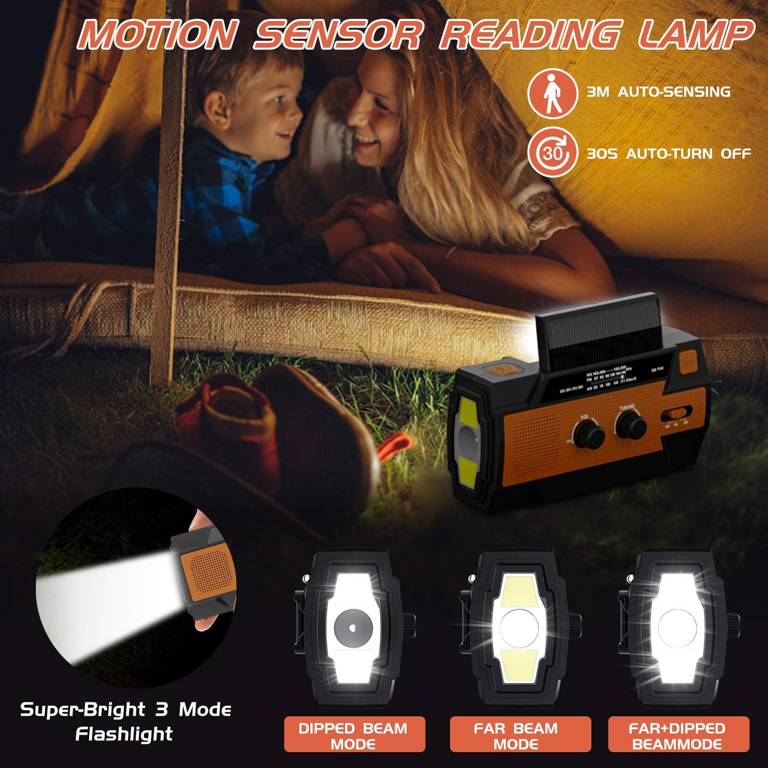 Emergency Radio Hand Crank Solar, 4000mAh Portable Weather Radio, NOAA Weather Radio, Outdoor Radio with Flashlight & Motion Sensor Reading Lamp, Solar Cell Phone Charger, SOS Alarm(Orange): Home Audio & Theater