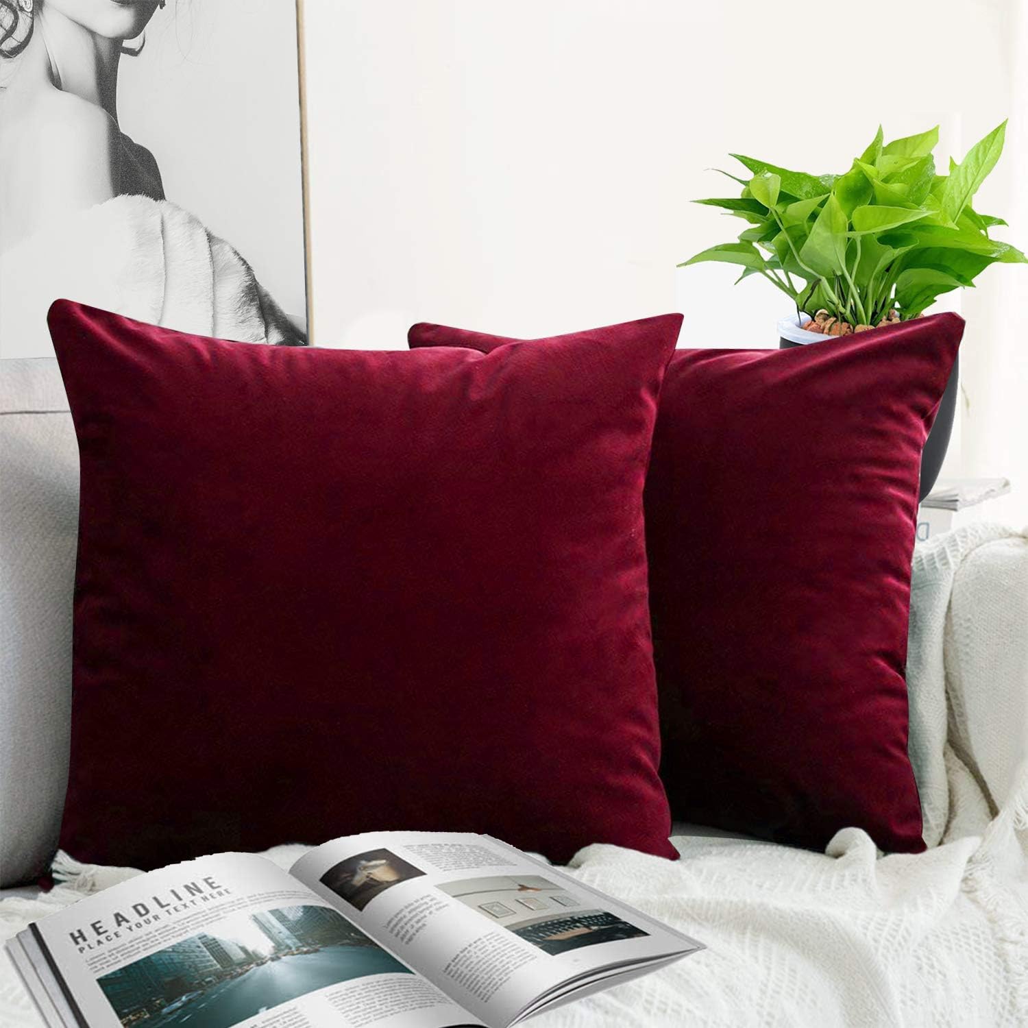 Throw Pillow Covers Velvet Decorative 2 Packs Ultra-Soft Red Pillowcase 18 x 18 Inch for Couch,Christmas,Sofa,Bedroom,Car,Square Solid Color