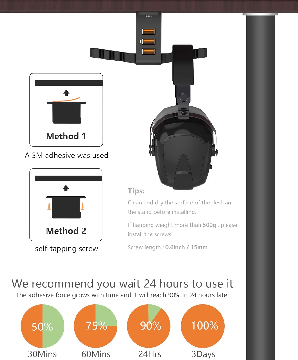 Headphone Stand with USB Charger COZOO Under Desk Headset Holder Mount with 3 Port USB Charging Station and iWatch Stand Smart Watch Charging Dock Dual Earphone Hanger Hook,UL Tested: Electronics
