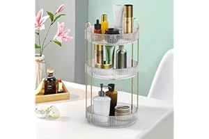 KSSVZZ 360 Rotating Makeup Organizer for Vanity - Spinning Bathroom Organizer Countertop, Large Storage Cosmetic Display Tray, Make Up Counter Shelf for Perfumes, Skincare Lotions, Lipsticks (3 Tiers, Clear)