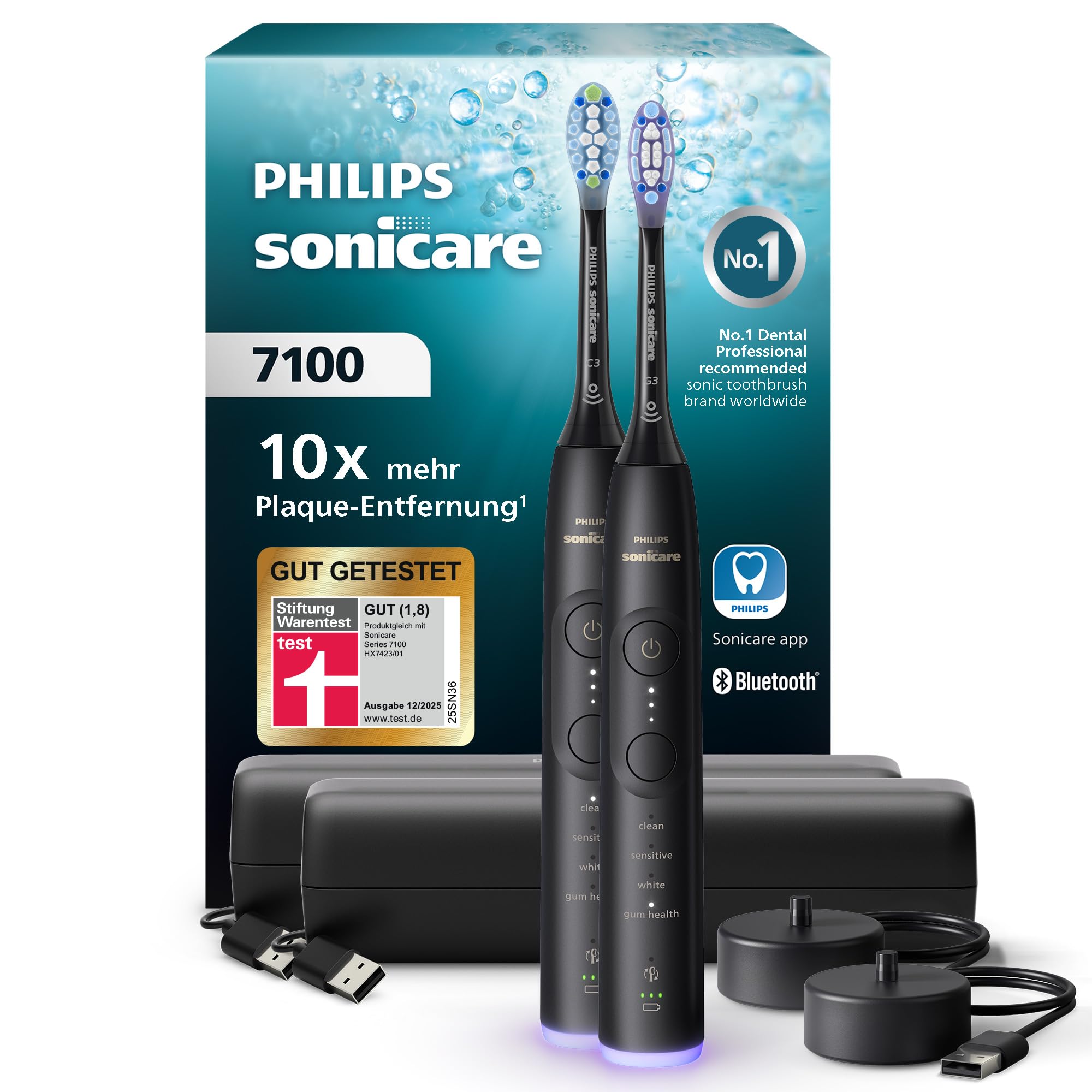 Philips Sonicare 7100 elektrische Zahnbürste, Schallzahnbürste mit App, 4 Putzmodi, 3 Intensitätsstufen, Andruckkontrolle, EasyStart, SmarTimer, Schwarz, 2er-Pack, Modell HX7429/03 [Neue Technologie]