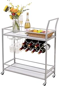 JBBCN Bar Serving Cart, Home Party Bar Cart on Wheels Wood Metal Wine Rack Trolley,Suitable for Kitchen Living Room Outdoor,Silver Finish