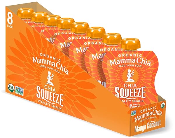 MAMMA CHIA ORGANIC VITALITY SQUEEZE SNACK, MANGO COCONUT, USDA ORGANIC, NON-GMO, VEGAN, GLUTEN FREE, AND KOSHER. FRUIT AND VEGETABLES WITH ONLY 70 CALORIES. 3.5 OUNCE (PACK OF 8)