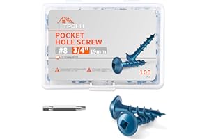 TPOHH #8 x 3/4" Blue Coated, Hardened Steel Pocket Hole Screws, No.8 x 0.75 inch Length Square Drive Washer Head Wood Screw, 2 Inch Bit Included, Self Tapping, Pack of 100 for DIY Projects