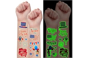 Partywind 215 Styles Glow 4th/Fourth of July Temporary Tattoos, Patriotic Decorations Accessories, Red White and Blue Party Supplies Favors Decor for Independence Day, Memorial Day (28 Sheets)