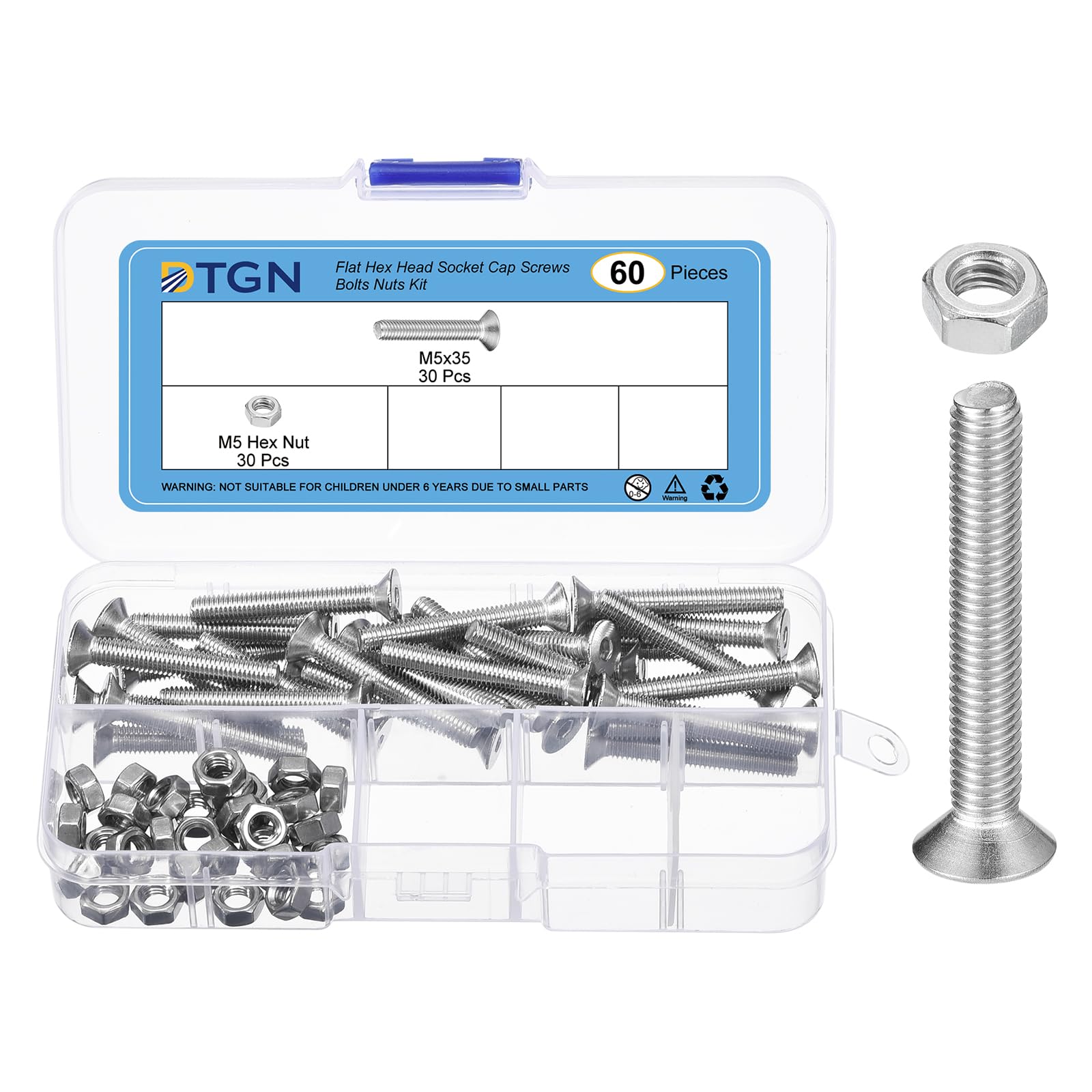 DTGN 60Pcs M5-0.8 x 35mm Flat Head Hex Socket Cap Screws Bolts Nuts Kit, 304 Stainless Steel Round Flat Metric Machine Screws, Full Thread