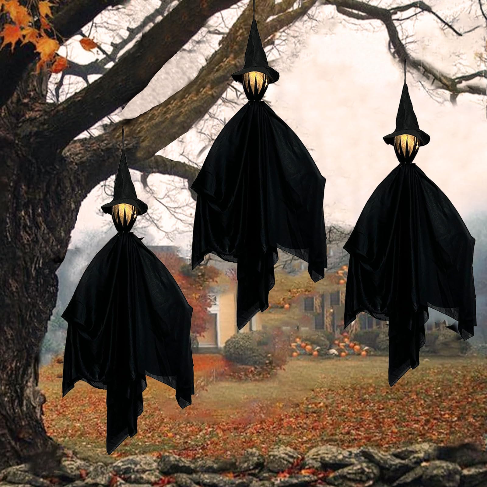 Photo 1 of FunAcce Halloween Decorations Outdoor: Hanging Witch Decorations with LED Light 3pcs, Spooky Lighted Props Halloween Witches Decorations Ornaments for Home Patio Yard Lawn Party Supplies
