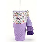 Biddlebee 30oz Garden Blooms Floral Tumbler with Straw and Lid – Insulated Stainless Steel Cup for Women with Boho Tassel Charm and Silicone Boot – Giftable Christmas or Birthday Present
