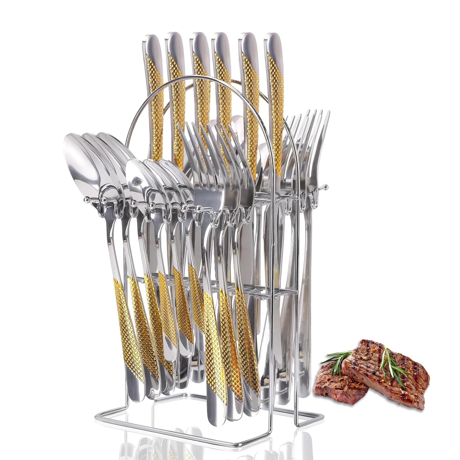 Cutlery Set with Stand, 24 Piece Gold Silverware Set Cutlery Set, Stainless Steel Flatware Set for 6 Person, Mirror Polished Tableware Set with Holder for Home Kitchen (Gold+Silver)