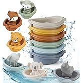 Auvitaya Baby Bath Toy Stackable Infant Bathtub Toys Stacking Floating Boat Train with Animal Finger Puppets Bath Toy Silicon