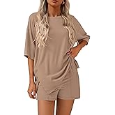 KIRUNDO 2 Piece Sets for Women Summer Lounge Sets Casual Oversized Tshirts Shorts Matching Airport Travel Outfits Postpartum