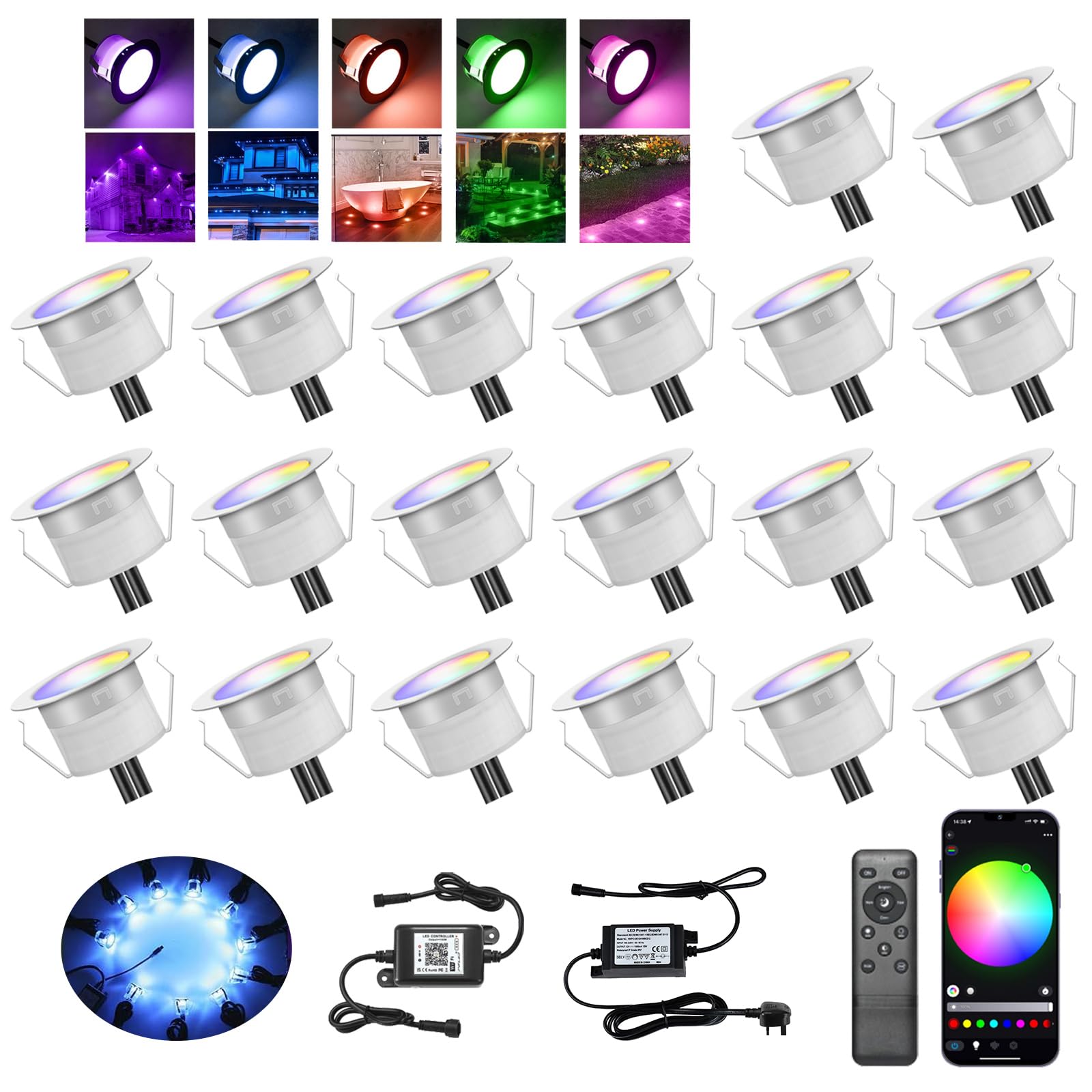 INDARUN RGB WiFi Led Decking Lights Waterproof IP67 Ø45MM 12V 0.5W - Led Plinth Light Kits for Terrace/Patio/Path/Wall/Garden/Decoration, Lot of 20