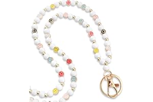 MyfavoriteK Smile Teacher Lanyard for Women ID Badges and Keychain Cute Happy Wood and Metal Beaded Lanyard Badge Holder
