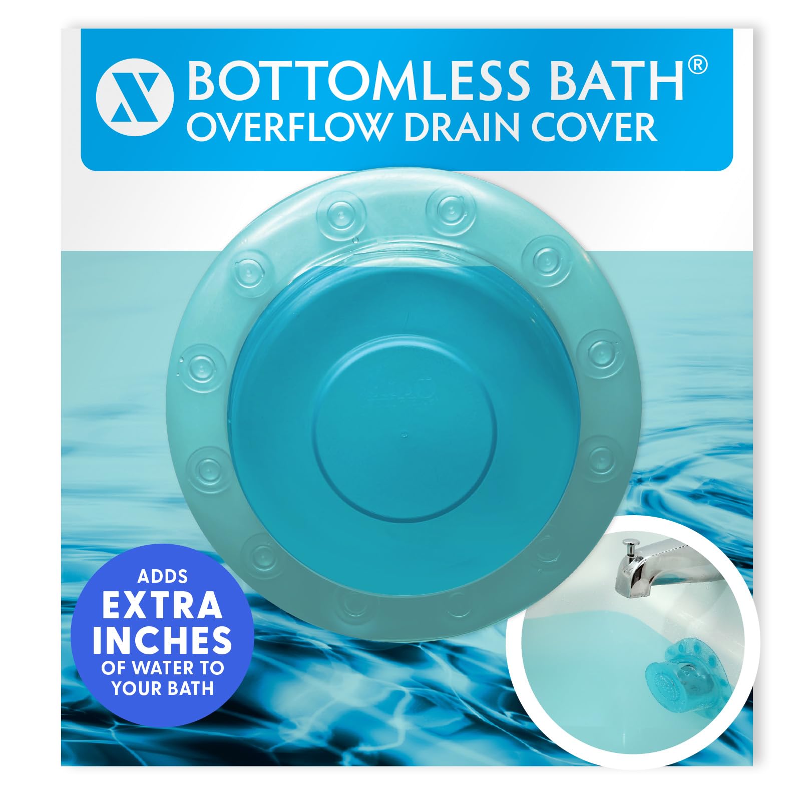 SlipX Solutions Bottomless overflow cover adds water to the tub for a warmer, deeper bath (Turquoise, 4" diameter)