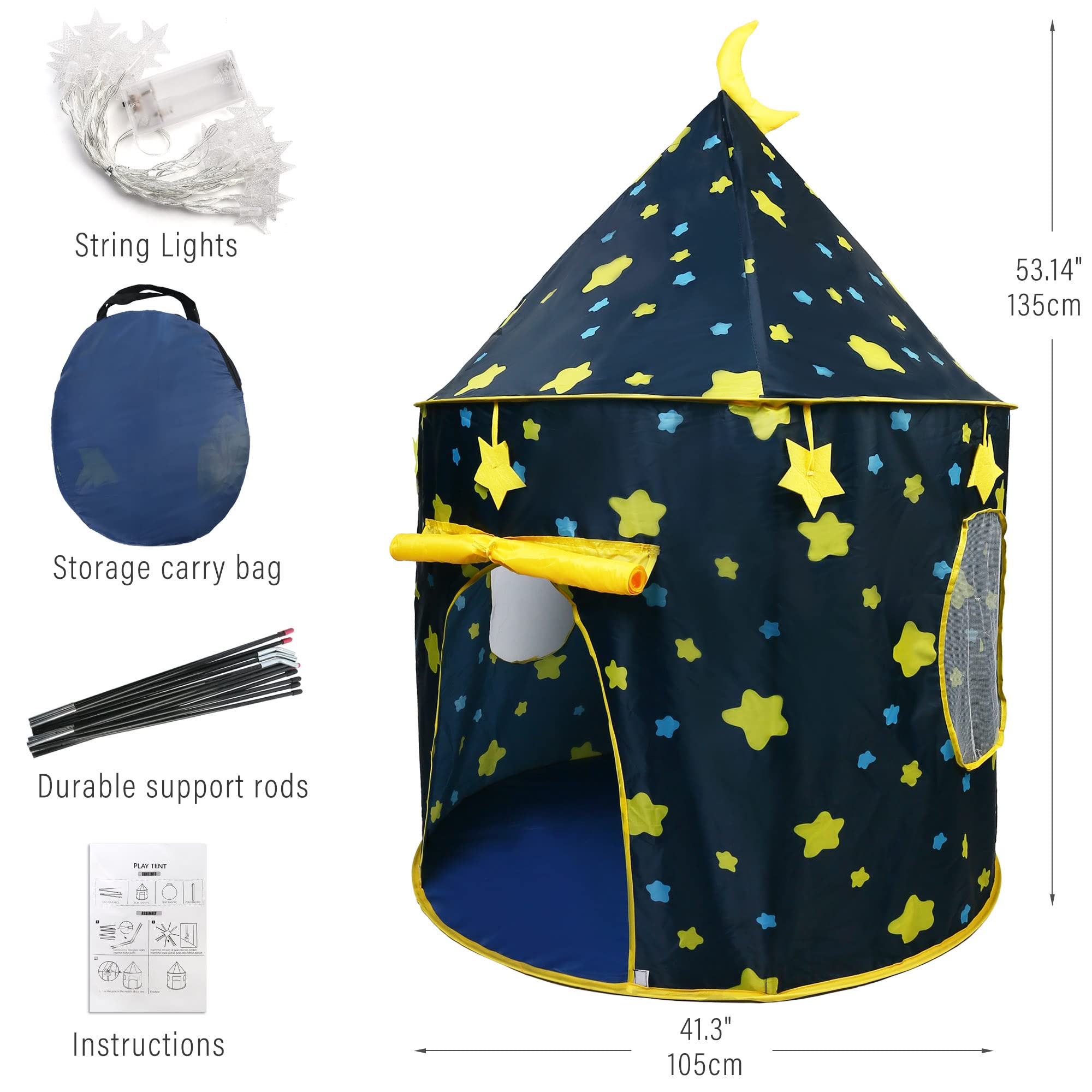 LotFancy Play Tent for Boys, with Star Lights and Storage Carrying Bag, Pop Up Play Tent House for Kids Toddlers, Indoor and Outdoor Use, Foldable, Portable, Blue