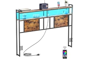 LAKEMID Queen Headboard with Storage, Bed Head Board with Outlets and USB Ports, Sturdy Queen Size Headboard Only with LED Lights, for Dorm, Easy Assemble, Rustic Brown