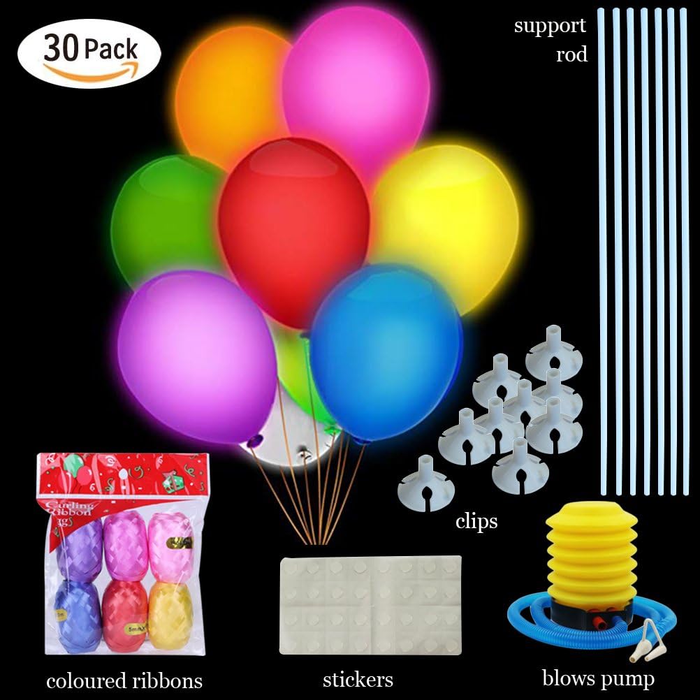 LED Balloons Flash Lights Mixed Color with Support Rod & Sticker & Blows Pump & Coloured Ribbon Blinking for Parties,Birthday,Wedding Party,Lasts 8-24 Hours（30 Pcs）