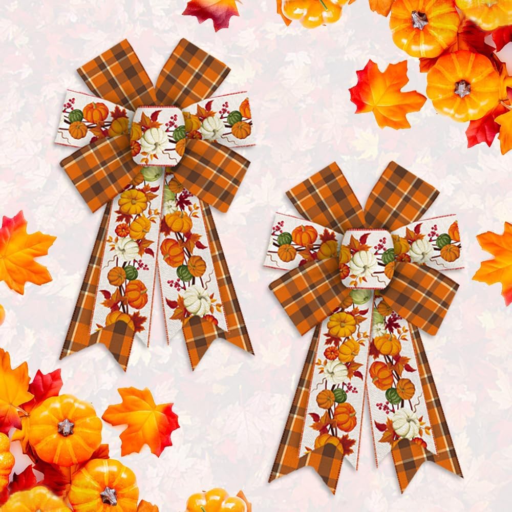 Bows & Ribbons - 2PCS Fall Wreath Bows Thanksgiving Bows Pumpkin Stem Orange Buffalo Plaid Burlap Linen Bow for Wreath, Autumn Ribbon Bows for Thanksgiving Party Home Indoor Outdoor Decoration Wreath Ornament Supplies