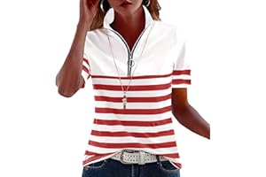 Ladies's Polo Neck Short Sleeve Tops Striped Half Zip Cotton Casual Slim Fit Blouses Everyday Light Baggy Trendy Shirt
