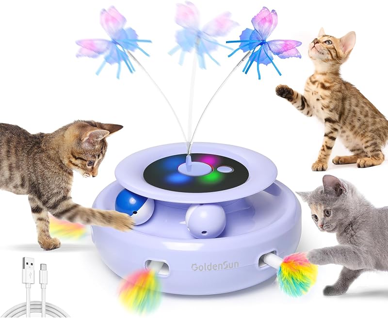 GoldenSun 3-in-1 Interactive Cat Toys Rechargeable ABS Safe Fabric Butterfly