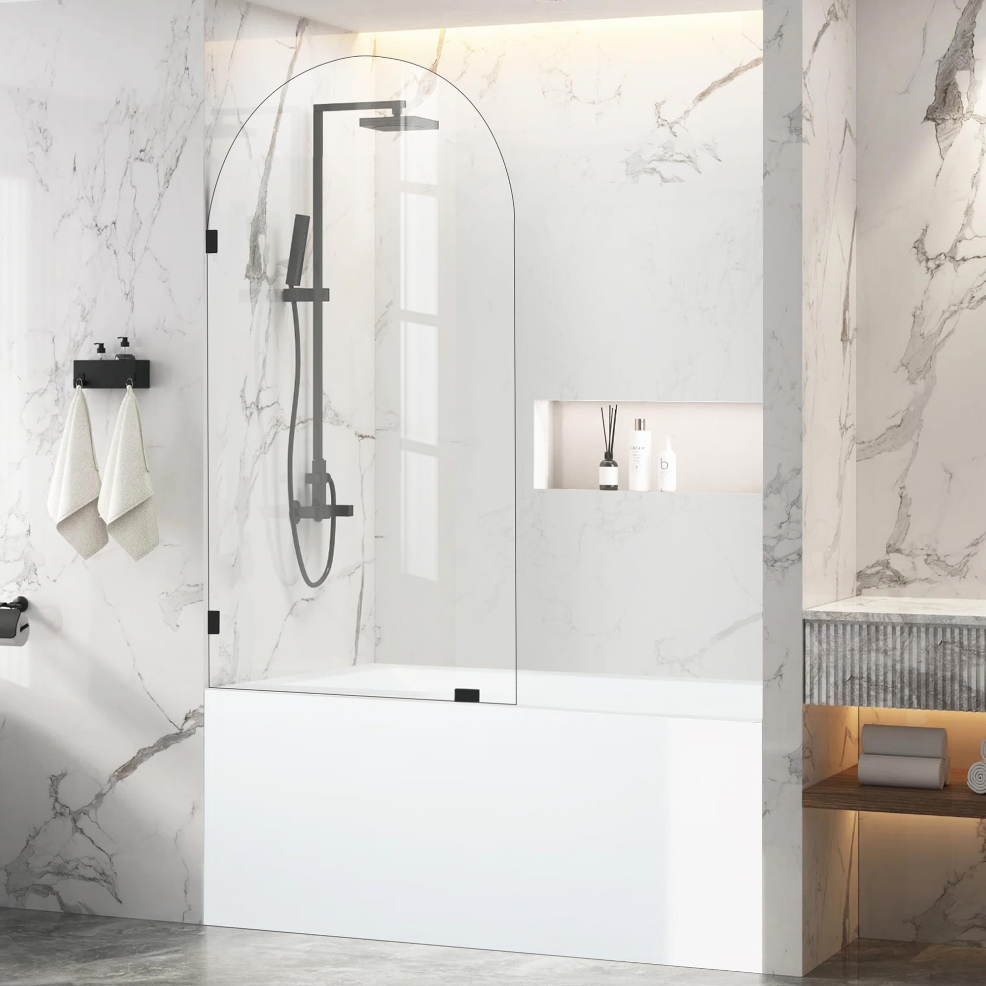 Photo 1 of  **Factory Sealed**  Frameless Bathtub Glass Shower Door, 34" W X 66.75" H Single Fixed Shower Bath Panel with Clamps, 5/16"(8mm) Clear Tempered Glass Bathroom Shower Screen for Bathtub, Tub Shower Door (Black)