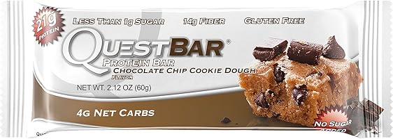 Quest Nutrition Protein Bar, Chocolate Chip Cookie Dough, 21g Protein, 4g Net Carbs, 190 Cals, High Protein Bars, Low Carb Bars, Gluten Free, Soy Free, 2.1 oz Bar, 12 Count