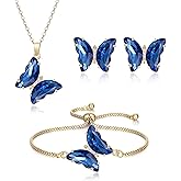 Crysdue Sparkling Cubic Zirconia Butterfly Necklace Stud Earrings Adjustable Slider Bracelet Jewelry Set, Birthday/Valentines/Mothers Day/Christmas Jewellery Gift for Women