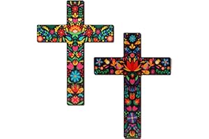 Lebsitey Floral Cross Wall Decor, 2 PCS Mexican Cross Decor, Hand Painted Wood Day of The Dead Wall Cross for Home Room Church Decoration, 8.7 x 11.8 Inch