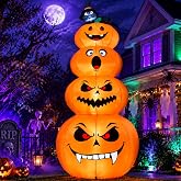 8FT Halloween Inflatable Stacked Pumpkins with Black Cat &amp; LED Lights | 4-Tier Pumpkins with 4 Funny Faces &amp; a Black Cat in Witch Hat for Halloween Yard, Lawn &amp; Garden Decor