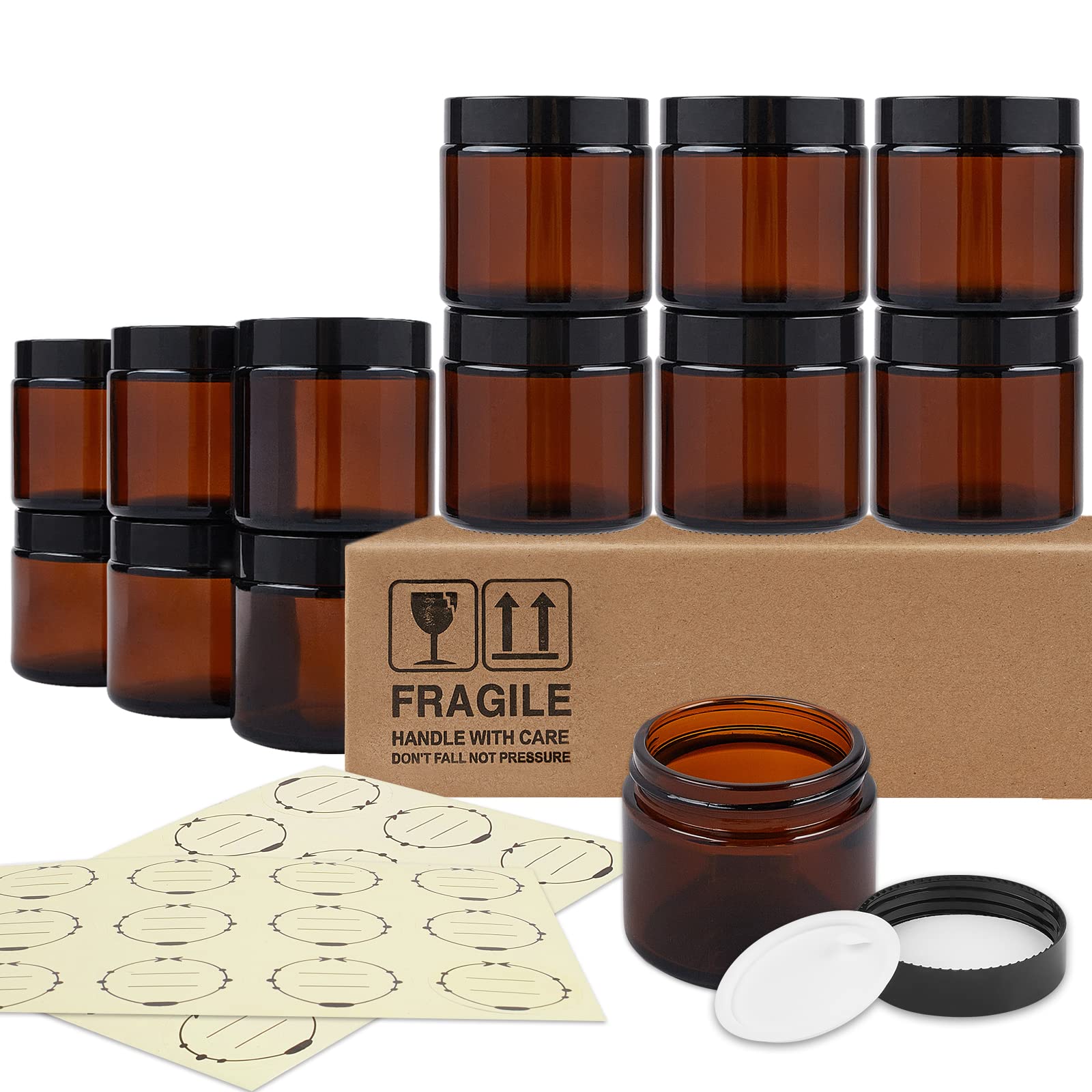 TUZAZO 12 Pack 2 Oz Thick Amber Round Glass Jars with Lids - Empty Mini ...