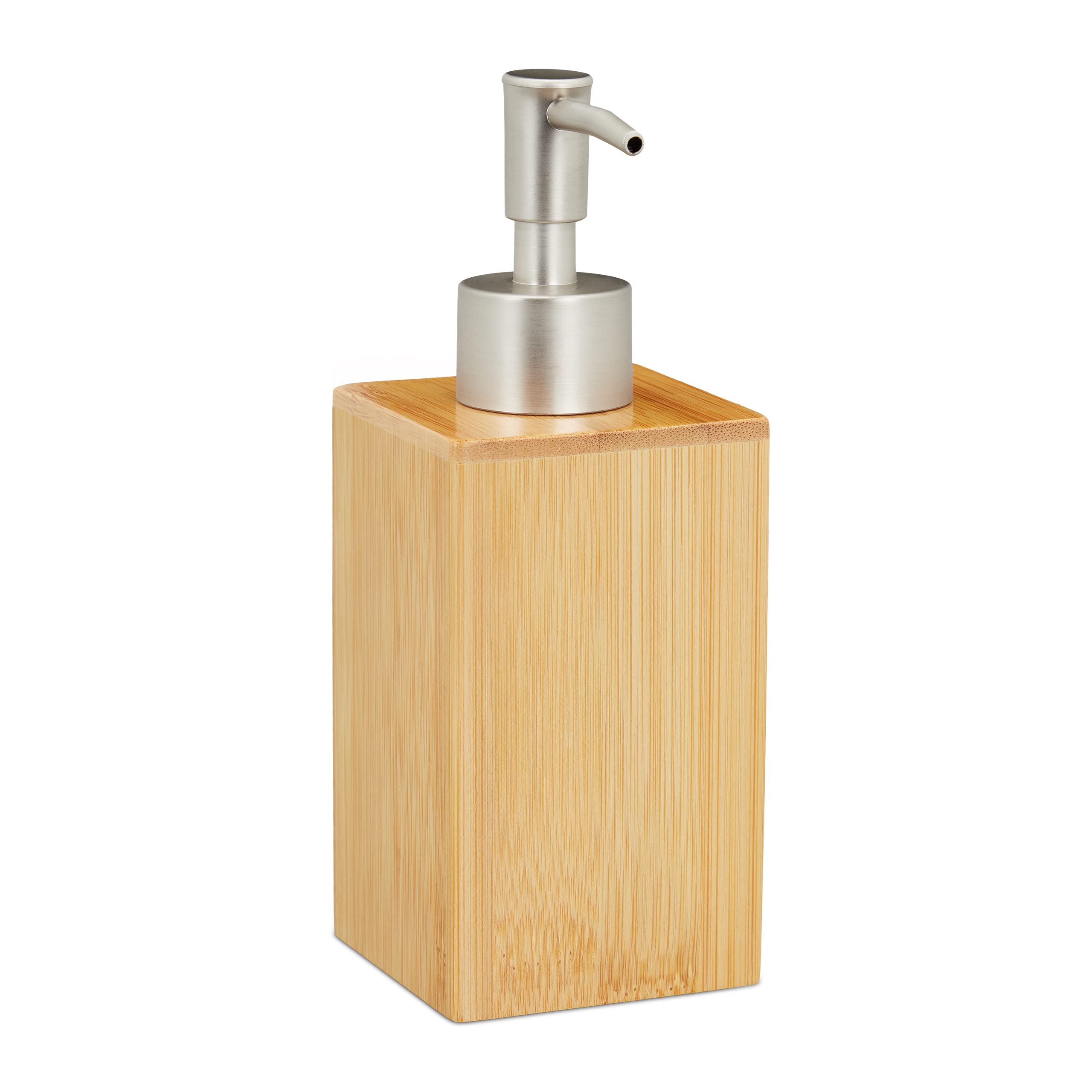 Relaxdays Soap Dispenser, Rectangular, 200 ml, Refillable, with Pump, Bathroom & WC, Bamboo & Plastic, Natural/Silver