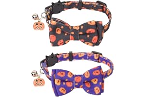 ADOGGYGO Halloween Cat Collar Breakaway with Bowtie Bell - 2 Pack Kitten Collar Pumpkin Cat Collars with Removable Bowtie Cat Bow Tie Collar for Cat Kitten (Halloween-1)