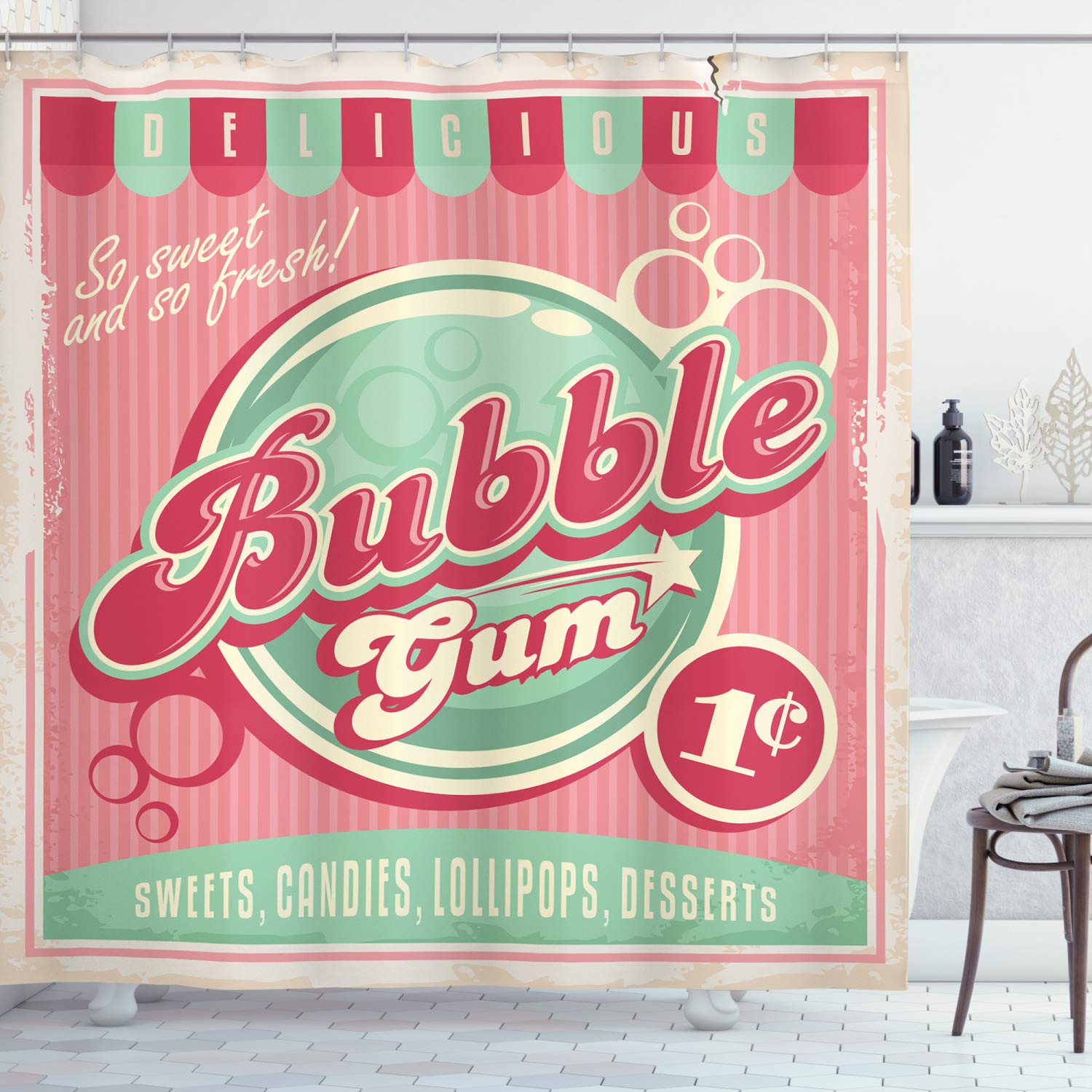 Ambesonne 1950s Decor Collection Bubble Gum Chewing Delicious Candy Lollipop Sweet Sugar Advertise Poster Style Polyester Fabric Bathroom Shower