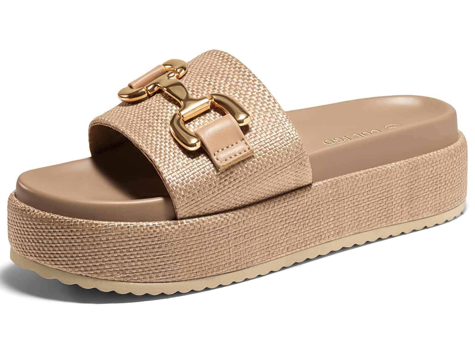 Photo 1 of Coutgo Womens Platform Sandals Raffia Espadrilles Metal Chain Slip on Open Toe Cute Beach Slide Sandals (Size 7)