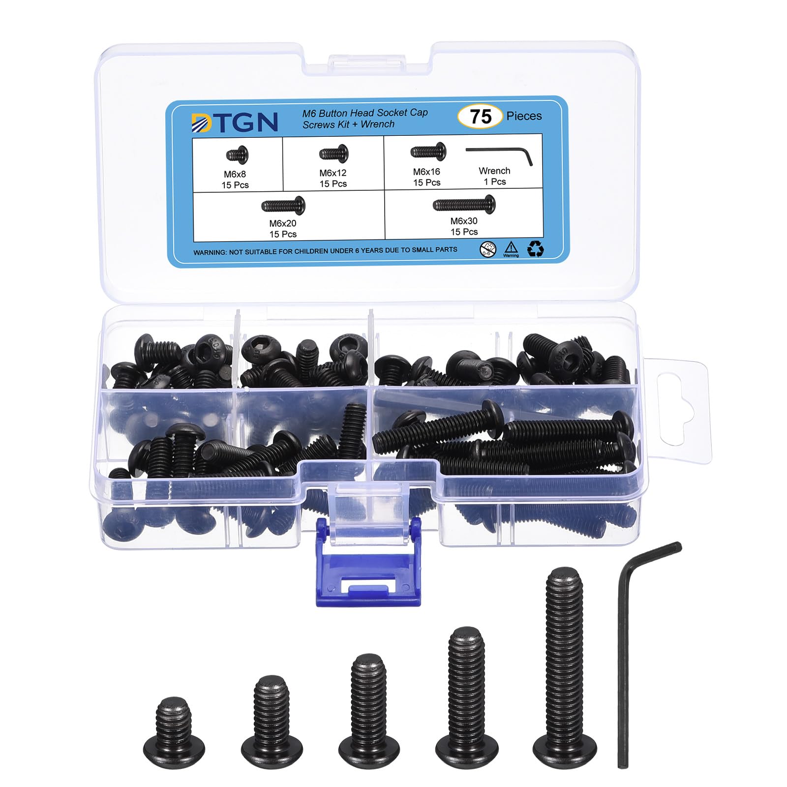 DTGN 75Pcs M6(D) Button Head Socket Cap Screws Kit, 8/12/16/20/30mm(L) Carbon Steel Black Oxide Full Thread Hex Socket Cap Screw Assortment with S4 Wrench - Good for Machine