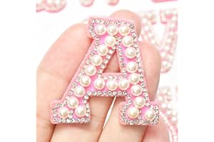 Jongdari Iron on Letters Pearl Letter Patches, 26pcs A-Z Glitter Pearls Rhinestone Sew on Alphabet Patches for DIY Clothes Bags Hats (Pink)
